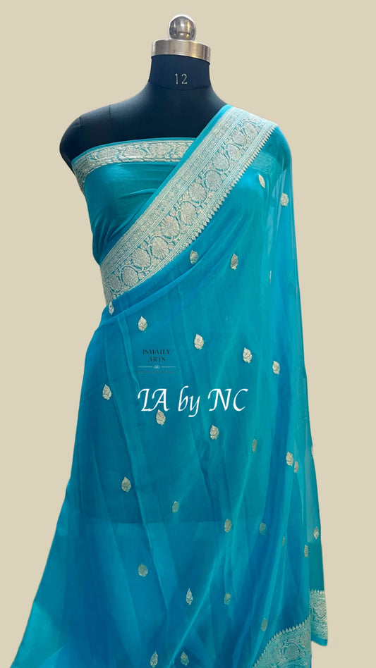 Azure Banarasi Pure Khaddi Georgette Kadwa Saree