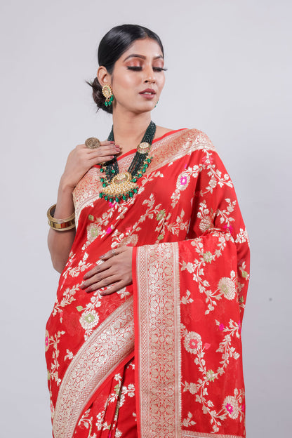 Crimson Banarasi Pure Khaddi Georgette Meenakari Saree