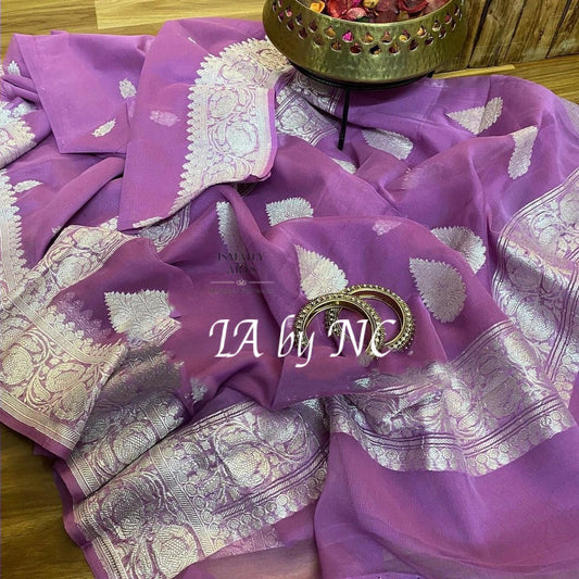 Mauve Banarasi Pure Khaddi Georgette Kadwa Saree