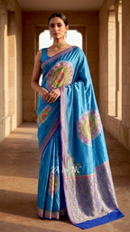 Teal Banarasi Pure Katan Mashru Silk Saree
