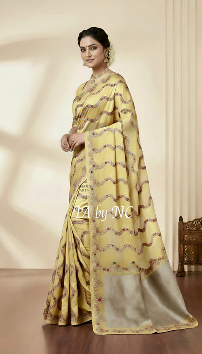 Eggnog Banarasi Mashru Katan Silk Meenakari Saree