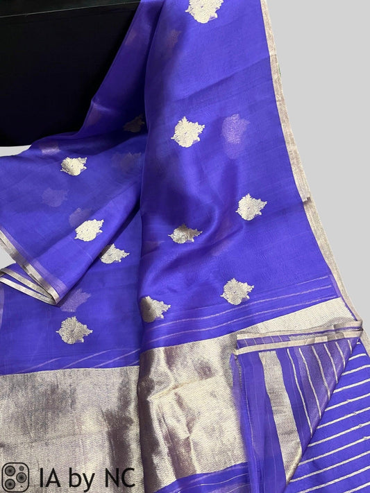 Indigo Banarasi Pure Kora Organza Kadwa Saree