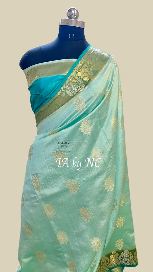 Turquoise Banarasi Pure Katan Silk Raw Mango Saree