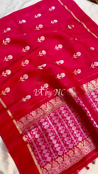 Cerise Banarasi Pure Kora Silk Saree