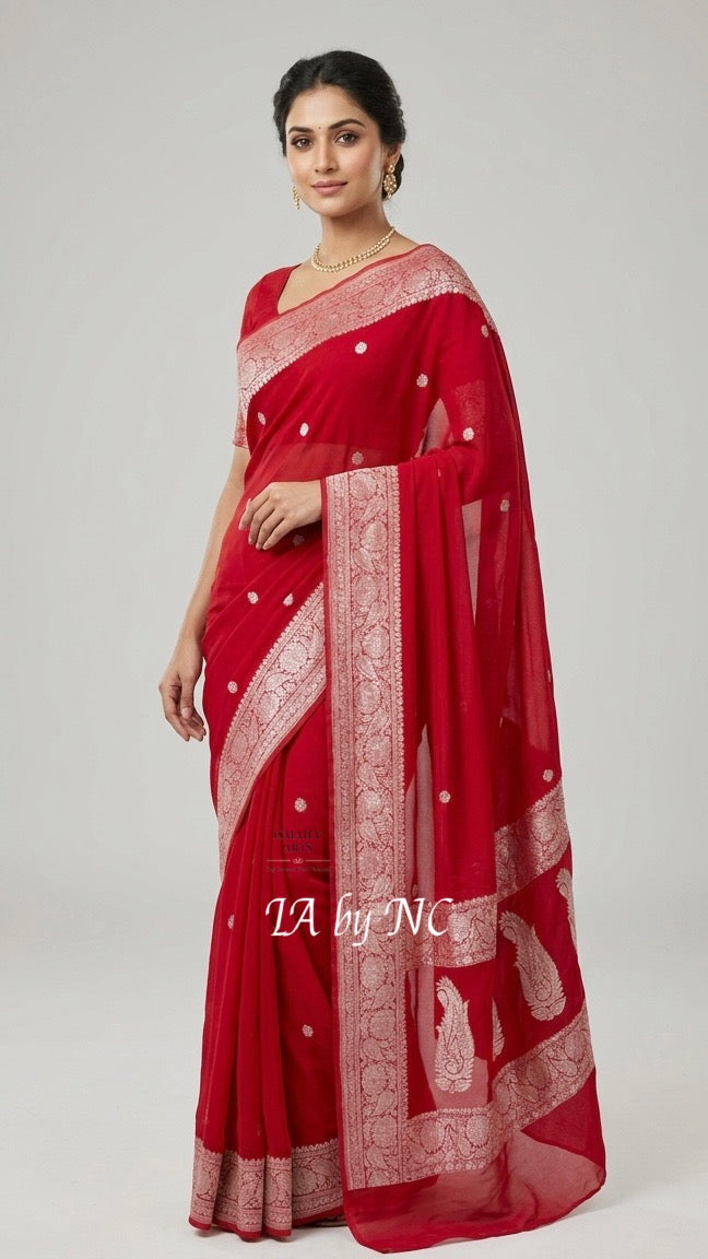 Crimson Banarasi Pure Khaddi Georgette Kadwa Saree