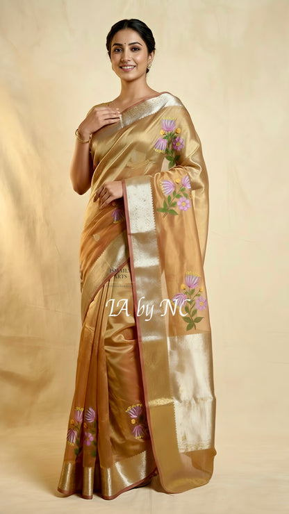Tangerine Banarasi Pure Tissue Silk Saree