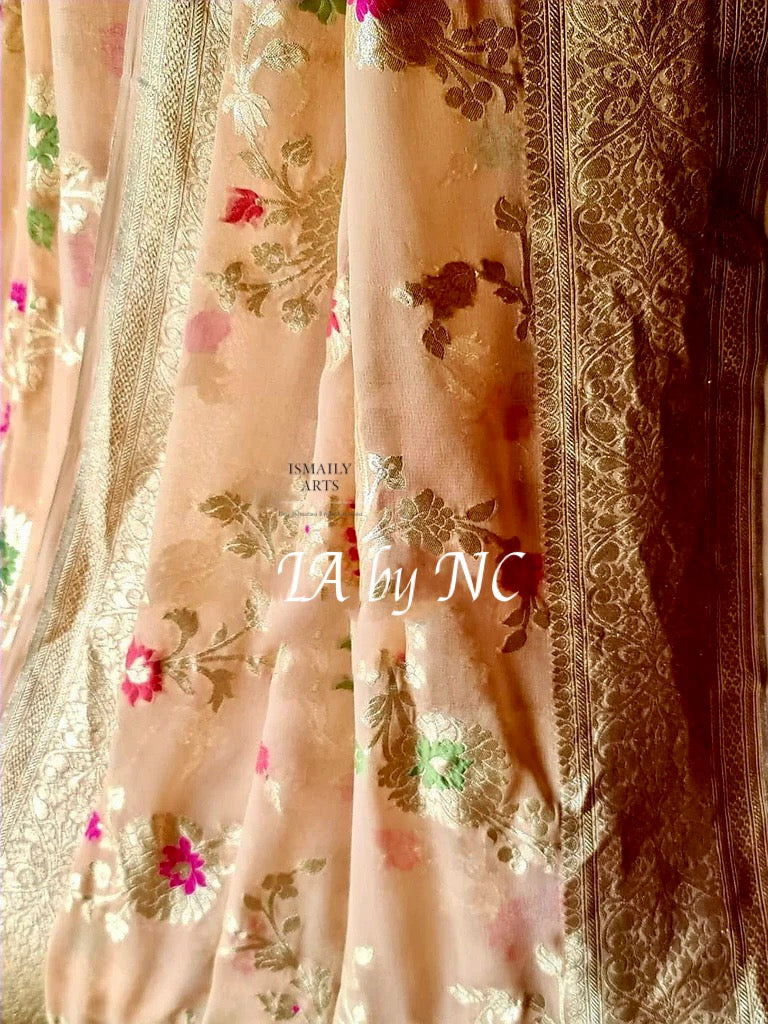 Peach Banarasi Pure Khaddi Georgette Meenakari Saree