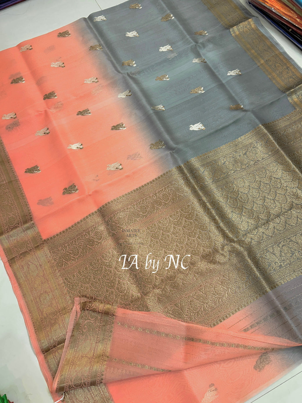 Peach Banarasi Pure Kora Silk Kadwa Saree