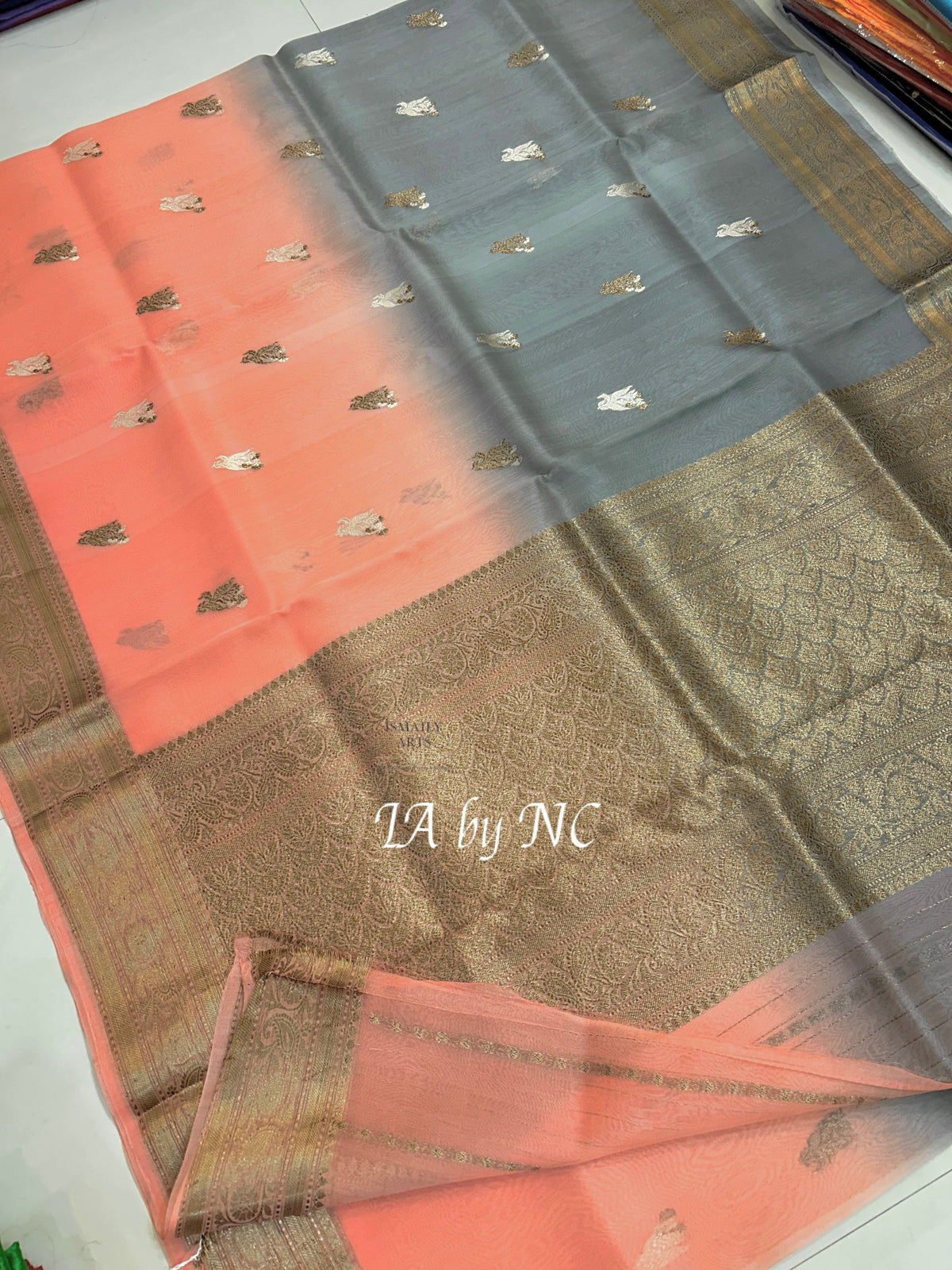 Peach Banarasi Pure Kora Silk Kadwa Saree