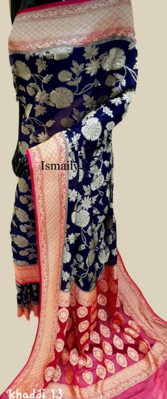Navy Banarasi Pure Khaddi Georgette Saree