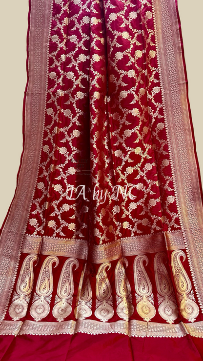 Carmine Banarasi Pure Katan Silk Pattu Saree