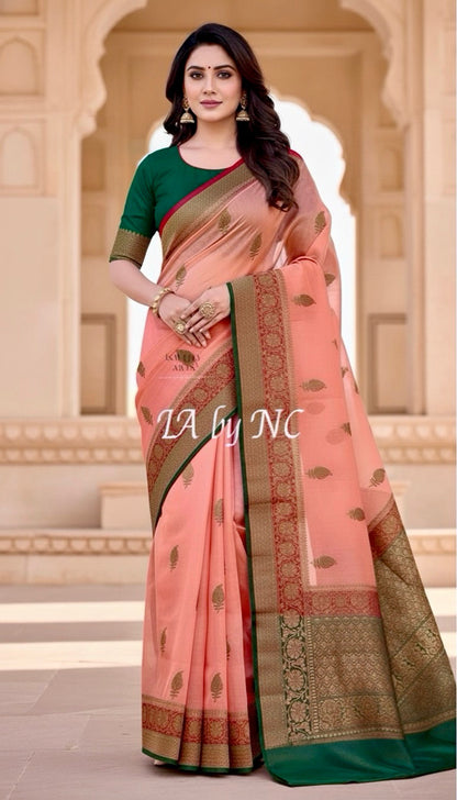 Salmon Banarasi Pure Kora Silk Kadwa Saree