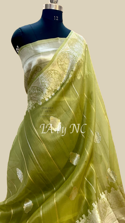 Olive Banarasi Pure Kora Organza Kadwa Saree