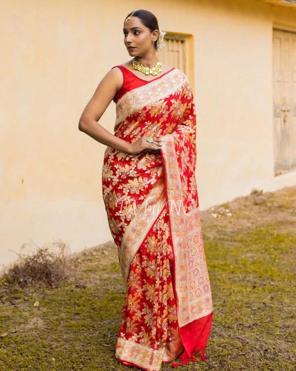 Crimson Banarasi Pure Khaddi Georgette Saree