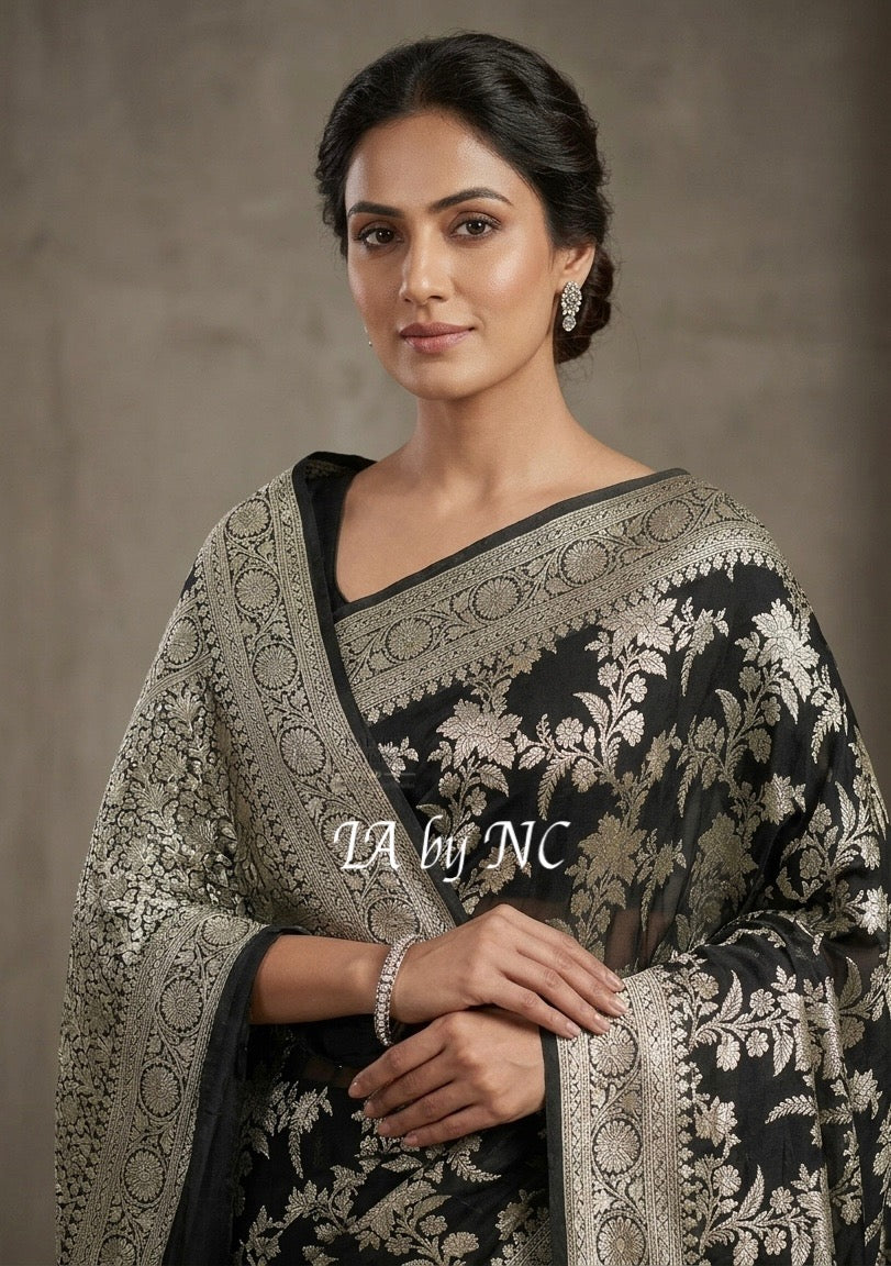 Black Banarasi Pure Chiffon Georgette Saree