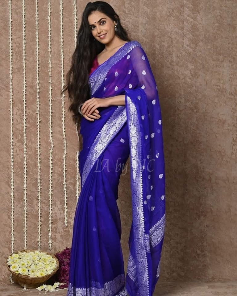 Navy Banarasi Pure Khaddi Georgette Kadwa Saree