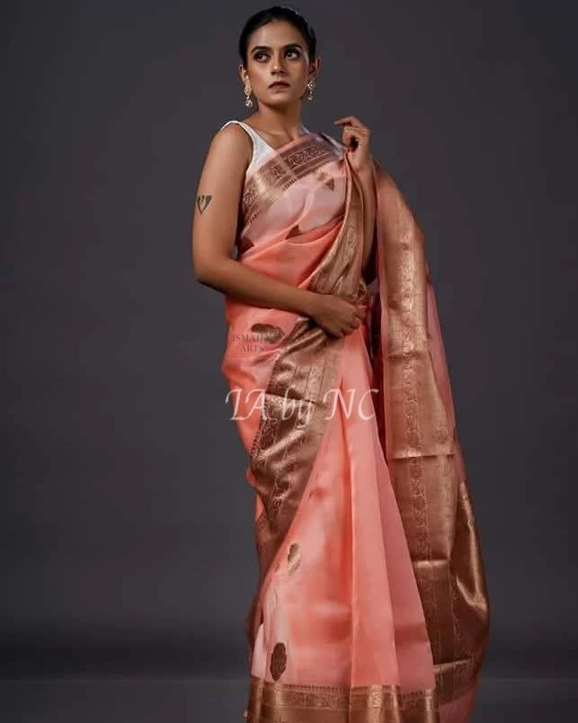 Peach Banarasi Pure Kora Silk Kadwa Saree