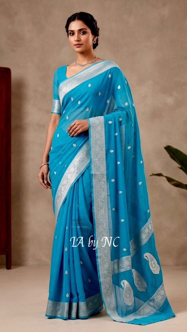 Azure Banarasi Pure Khaddi Georgette Kadwa Saree