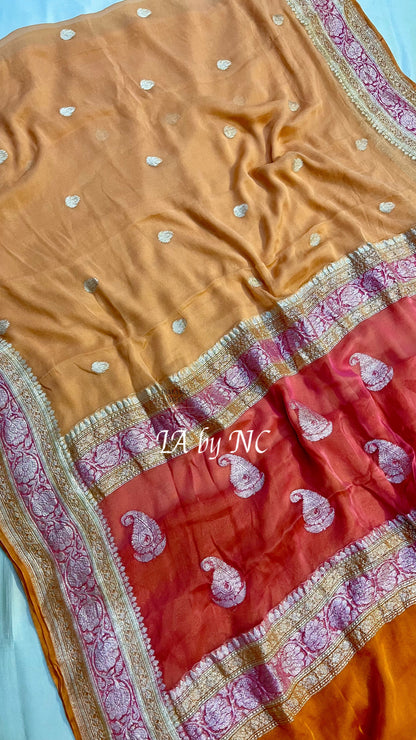 Ochre Banarasi Pure Khaddi Georgette Kadwa Saree