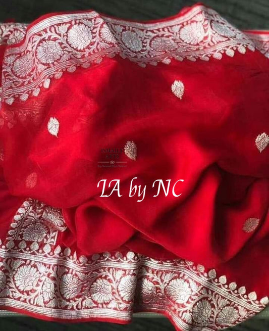 Crimson Banarasi Pure Khaddi Georgette Kadwa Saree