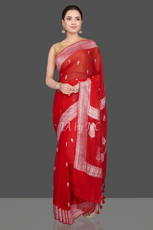 Crimson Banarasi Pure Khaddi Georgette Kadwa Saree