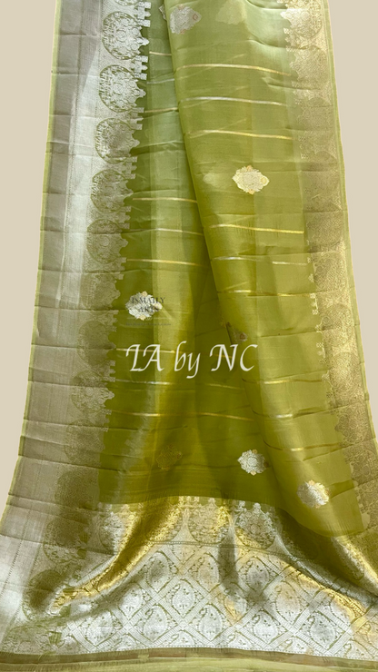 Olive Banarasi Pure Kora Organza Kadwa Saree