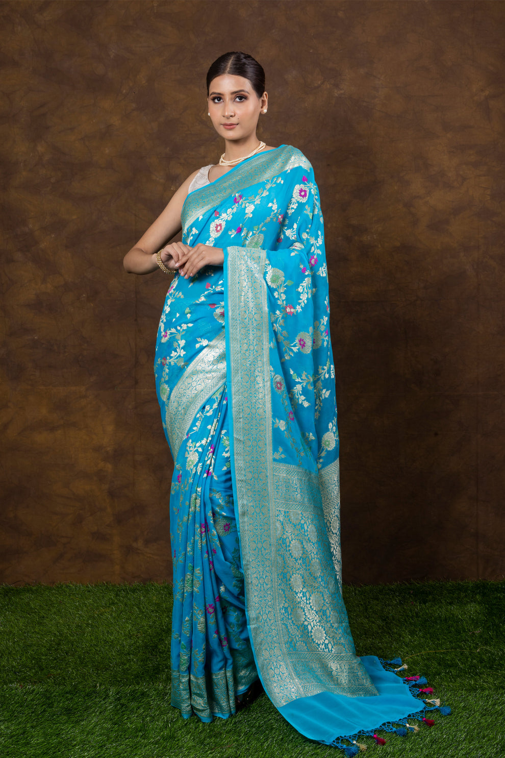 Azure Banarasi Pure Khaddi Georgette Meenakari Saree