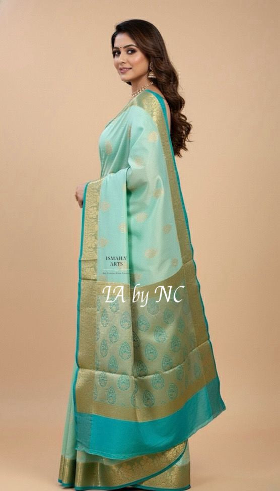 Turquoise Banarasi Pure Katan Silk Raw Mango Saree