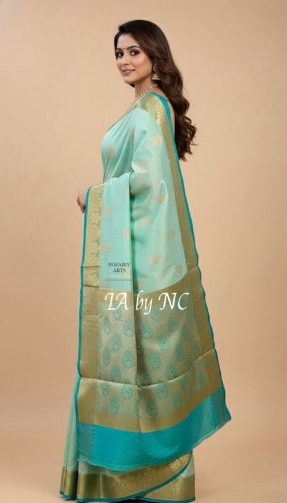 Turquoise Banarasi Pure Katan Silk Raw Mango Saree