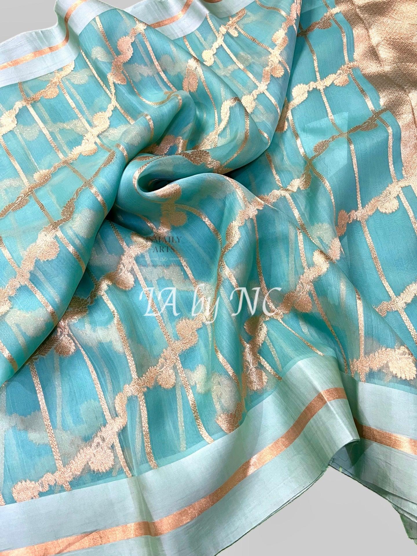 Turquoise Banarasi Pure Kora Organza Kadwa Saree