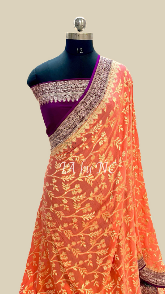 Salmon Banarasi Pure Khaddi Georgette Saree