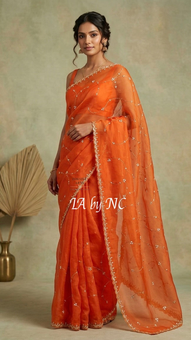 Scarlet Banarasi Pure Kora Silk Handwork Saree