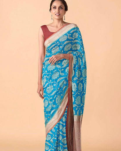 Turquoise Banarasi Pure Khaddi Georgette Saree