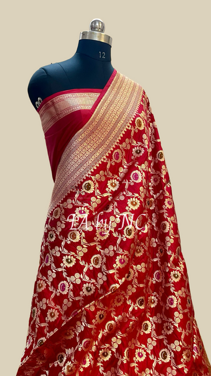 Carmine Banarasi Pure Katan Silk Meenakari Pattu Saree