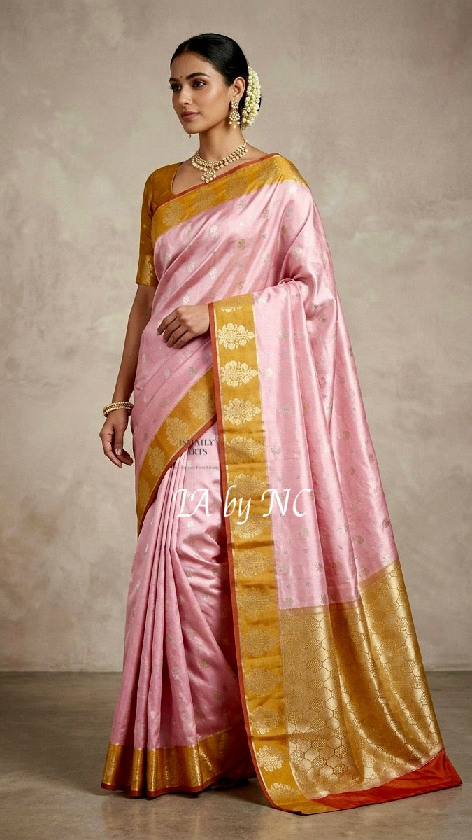 French Banarasi Pure Katan Silk Raw Mango Saree