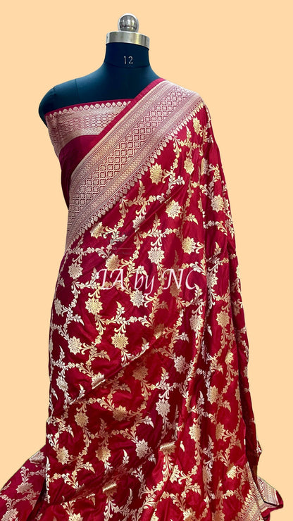 Carmine Banarasi Pure Katan Silk Pattu Saree