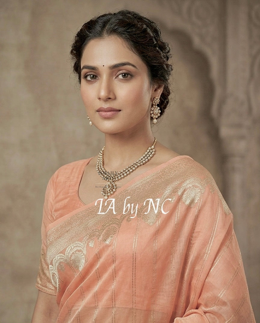 Peach Banarasi Pure Kora Organza Kadwa Saree