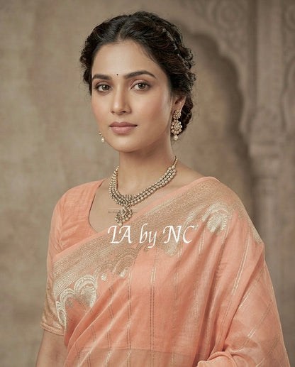 Peach Banarasi Pure Kora Organza Kadwa Saree