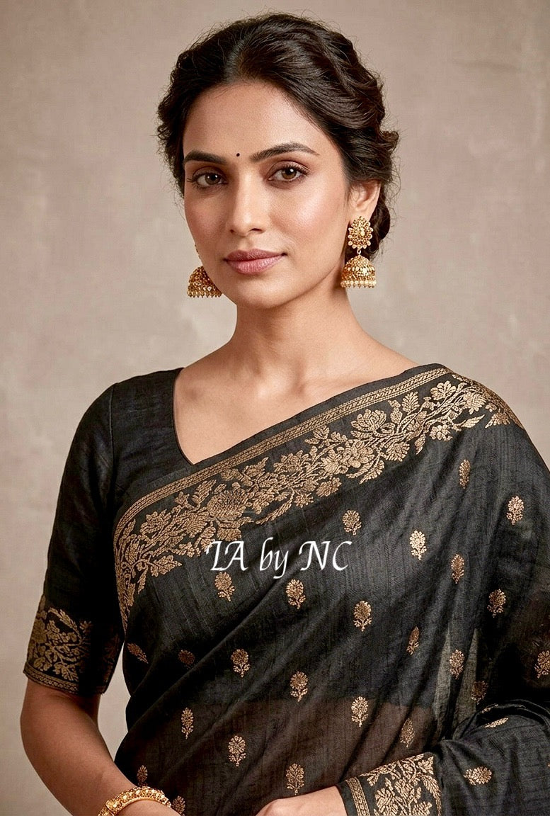 Black Banarasi Pure Khaddi Tussar Kadwa Saree