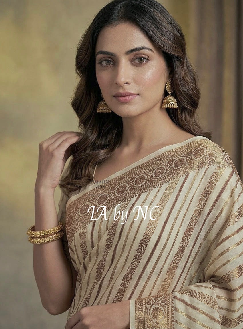 Beige Banarasi Pure Chiffon Georgette Saree