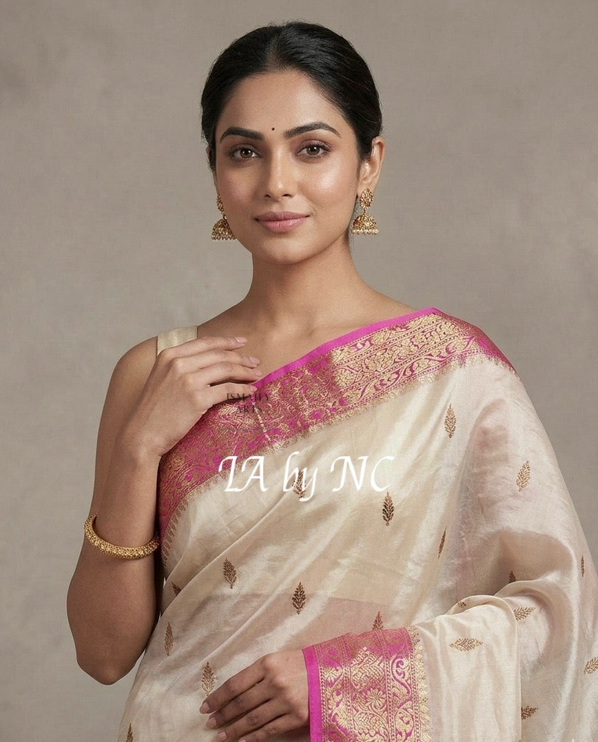 Ivory Banarasi Pure Kora Silk Kadwa Saree
