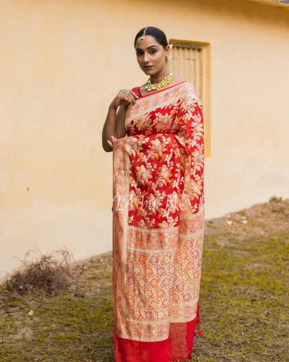 Crimson Banarasi Pure Khaddi Georgette Saree