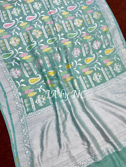 Turquoise Banarasi Pure Khaddi Tussar Georgette Meenakari Saree