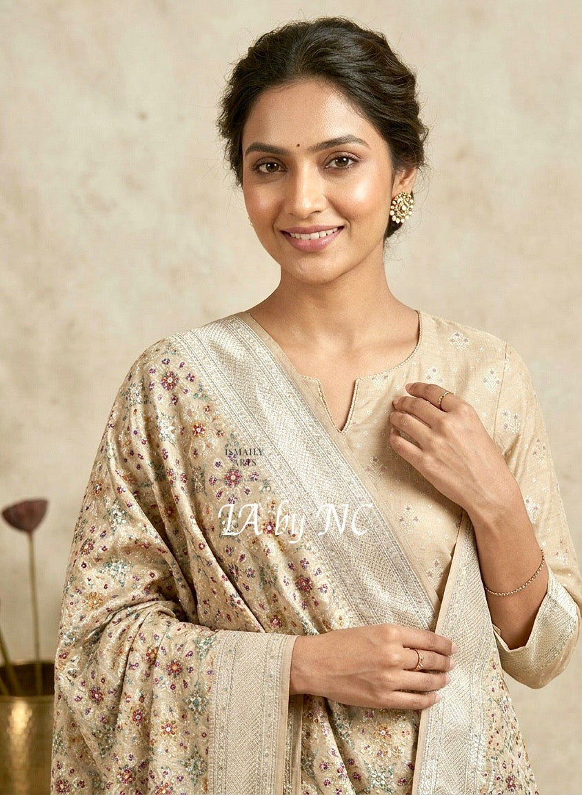 Beige Banarasi Pure Munga Silk Dress Material