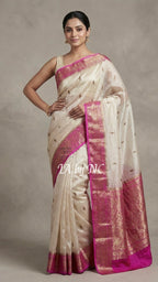 Ivory Banarasi Pure Kora Silk Kadwa Saree