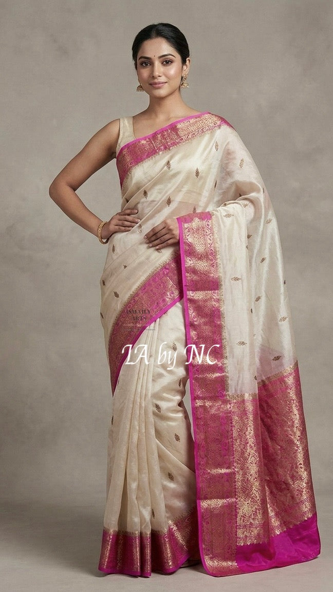 Ivory Banarasi Pure Kora Silk Kadwa Saree