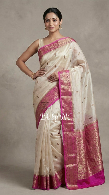Ivory Banarasi Pure Kora Silk Kadwa Saree