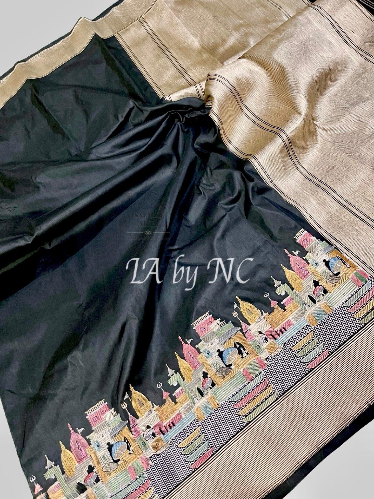 Black Banarasi Pure Katan Silk Kadwa Ganga Ghat Meenakari Pattu Saree