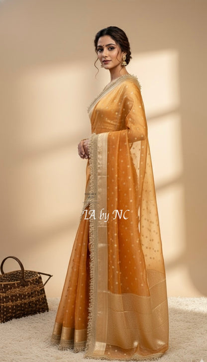Tangerine Banarasi Pure Tissue Silk Saree