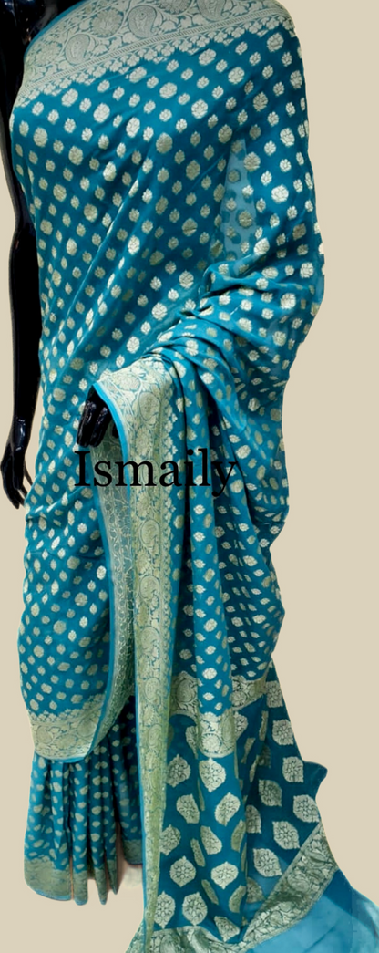 Teal Banarasi Pure Khaddi Georgette Saree